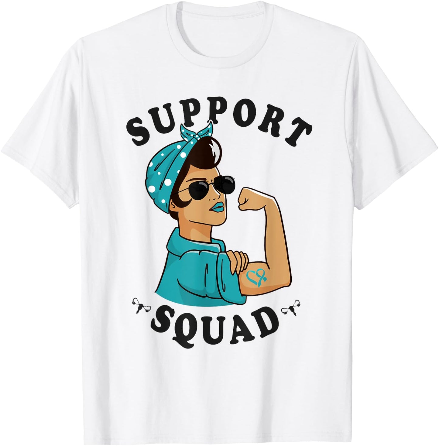 "Support Squad" Teal Ribbon Bandana Women Ovarian Cancer T-Shirt - T-Shirt | White