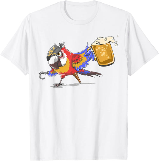 Beer Drinking Pirate Parrot , Gasparilla Party Gift T-Shirt - T-Shirt | White