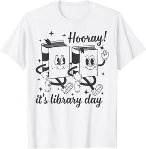 Hooray It's Library Day Librarian Reading Bookish Groovy T-Shirt - T-Shirt | White
