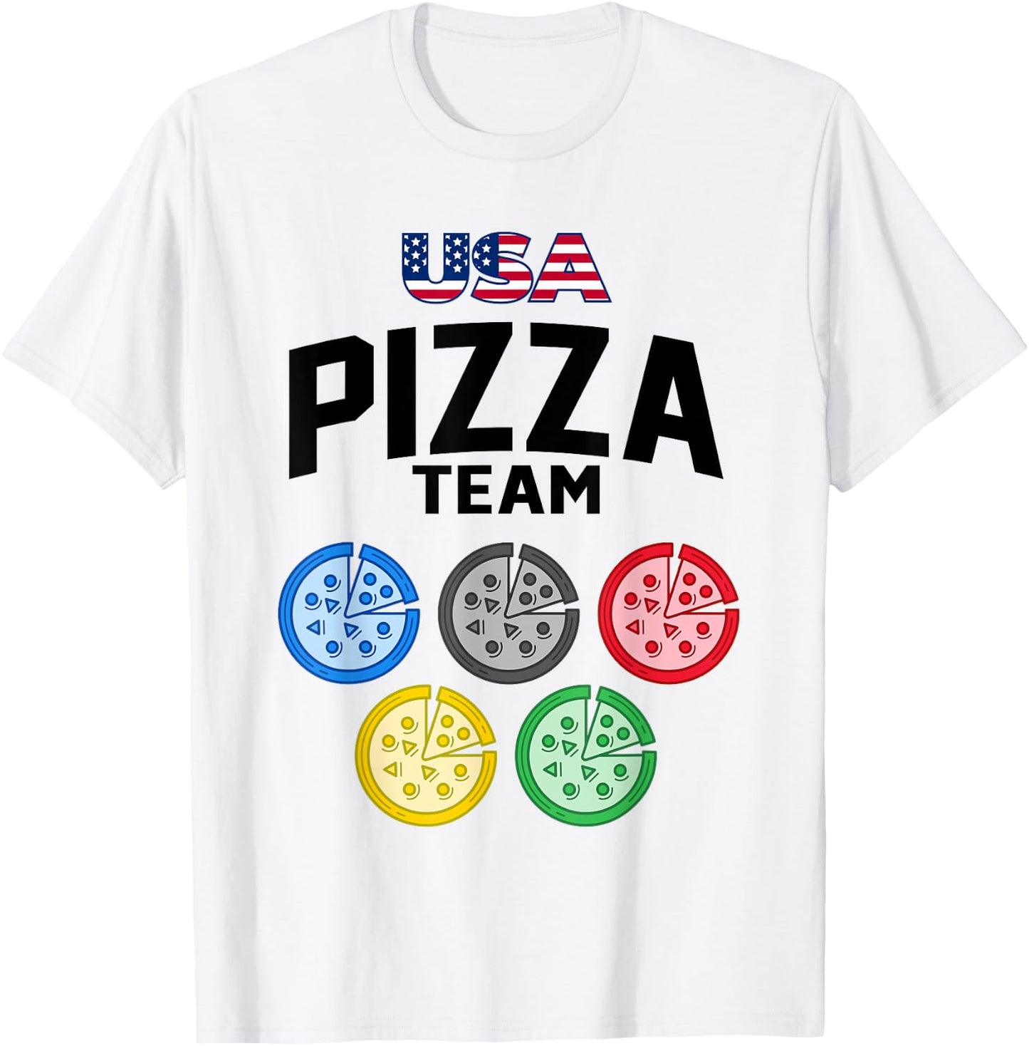 Funny Pizza USA Eating Team 5 Rings Colors Flag T-Shirt - T-Shirt | White