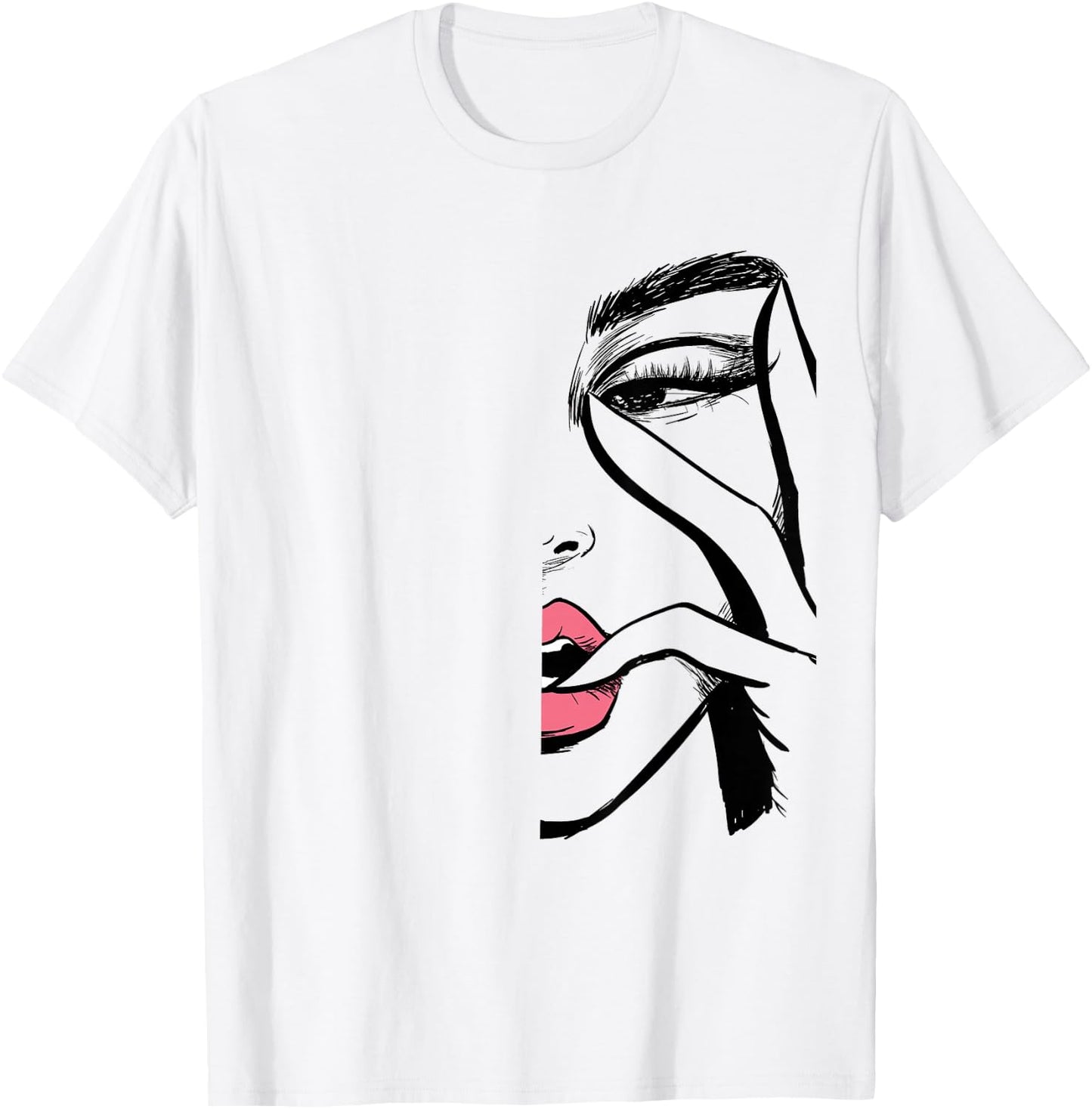 Beautiful Lady Face Makeup Women Face Line Art Eyes Lip T-Shirt - T-Shirt | White