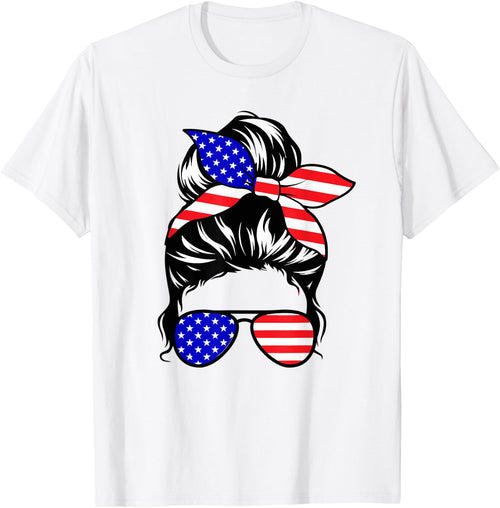 4th of July Shirt Daughter Messy Bun Cute American USA Girls