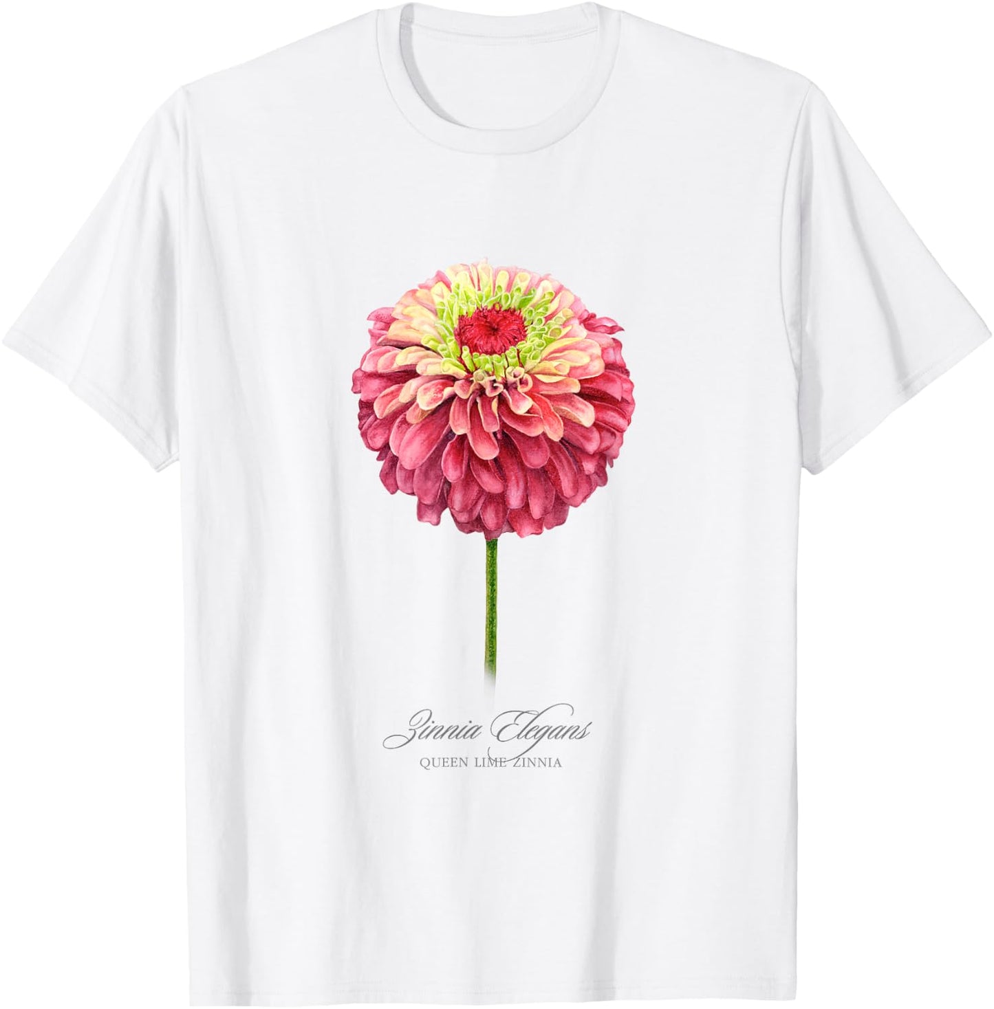 Red and Pink Zinnia Flower Botanical Painting T-Shirt - T-Shirt | White