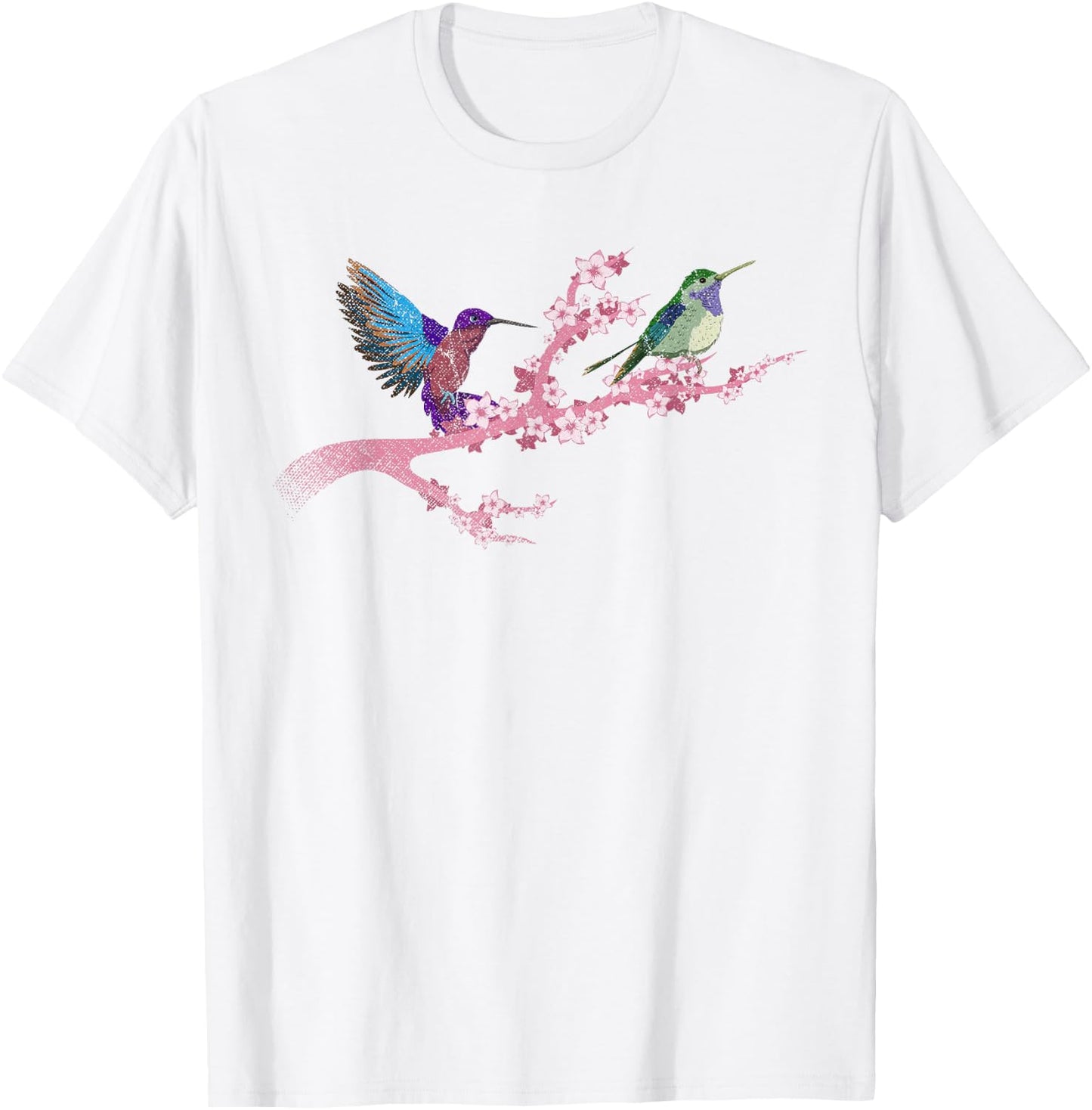 Bird Flowers Cherry Blossom Animal Vintage Hummingbird T-Shirt - T-Shirt | White