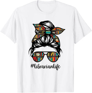 Librarian Teacher Messy Bun Life Book Library Back to School T-Shirt - T-Shirt | White