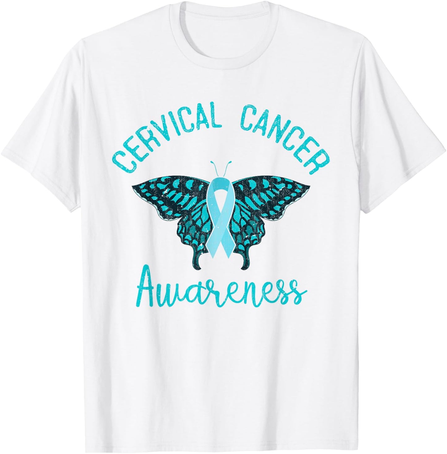 Teal Ribbon Butterfly Cancer Fight Cervical Cancer Awareness T-Shirt - T-Shirt | White