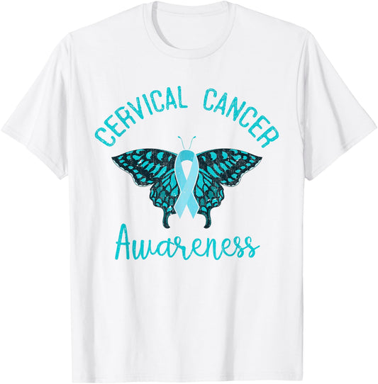 Teal Ribbon Butterfly Cancer Fight Cervical Cancer Awareness T-Shirt - T-Shirt | White