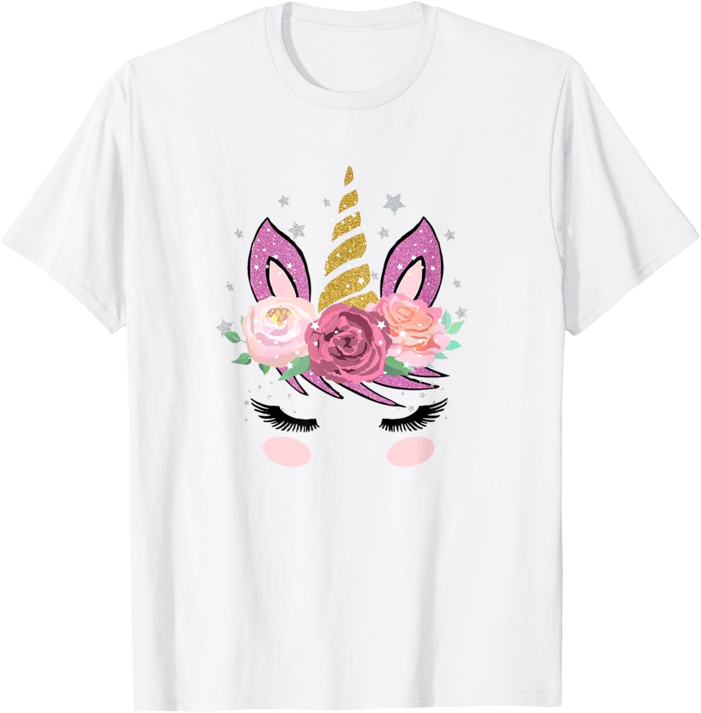 Cute Unicorn Face With Flowers And Beautiful Lashes Gift T-Shirt - T-Shirt | White