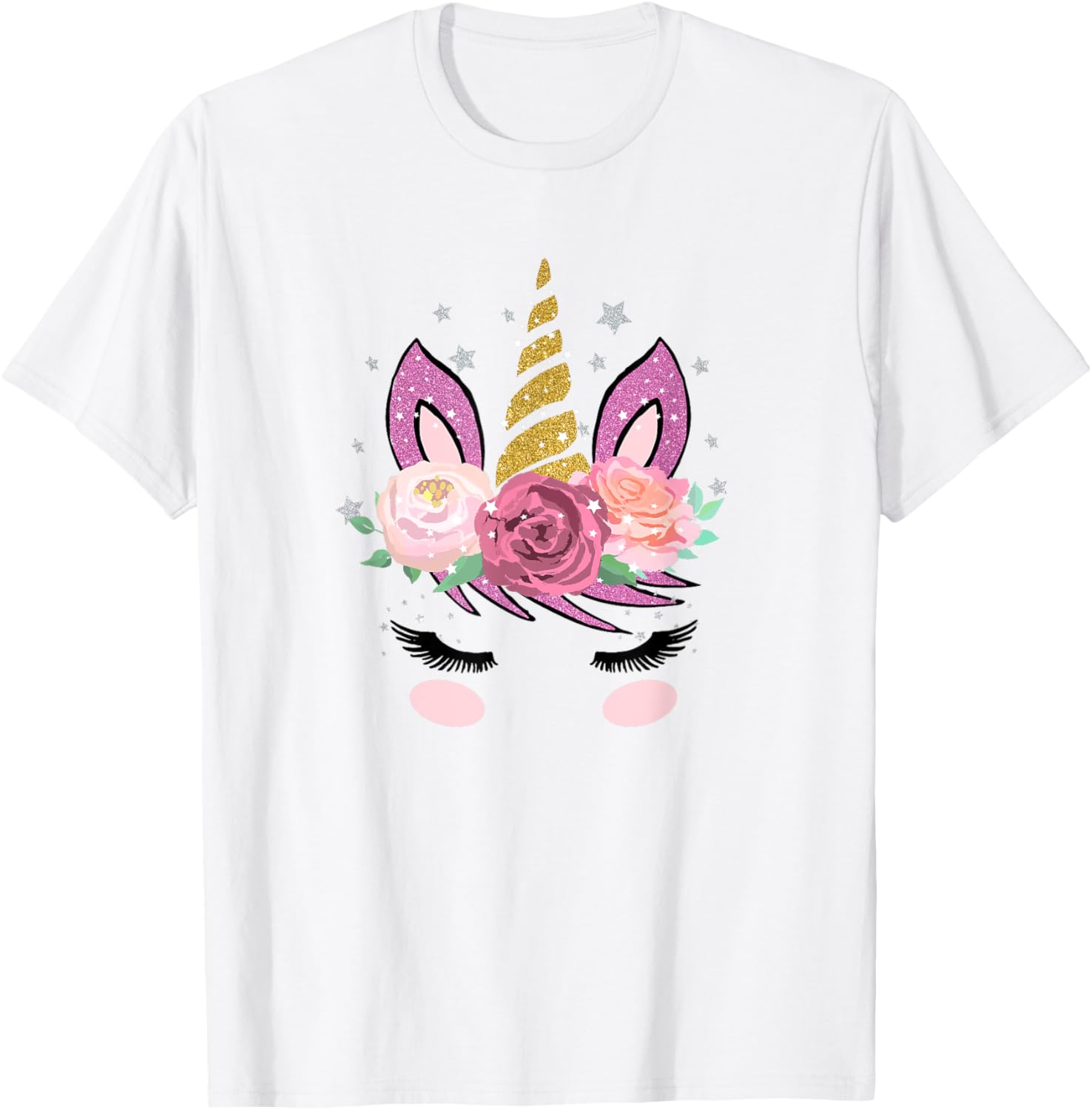 Cute Unicorn Face With Flowers And Beautiful Lashes Gift T-Shirt - T-Shirt | White