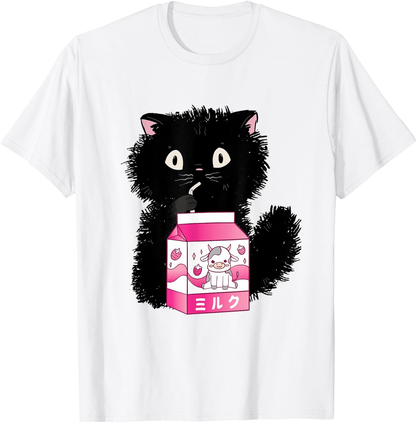 Girls Cute Cat Strawberry Milk Kawaii Cow and Kitten T-Shirt - T-Shirt | White