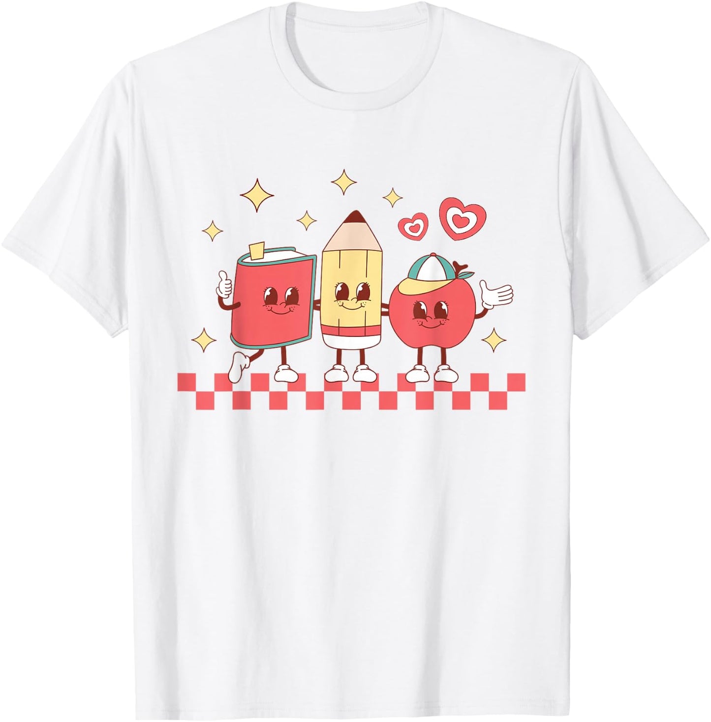 Cute Retro Checkered Apple with Face Teacher Pencil Trendy T-Shirt - T-Shirt | White