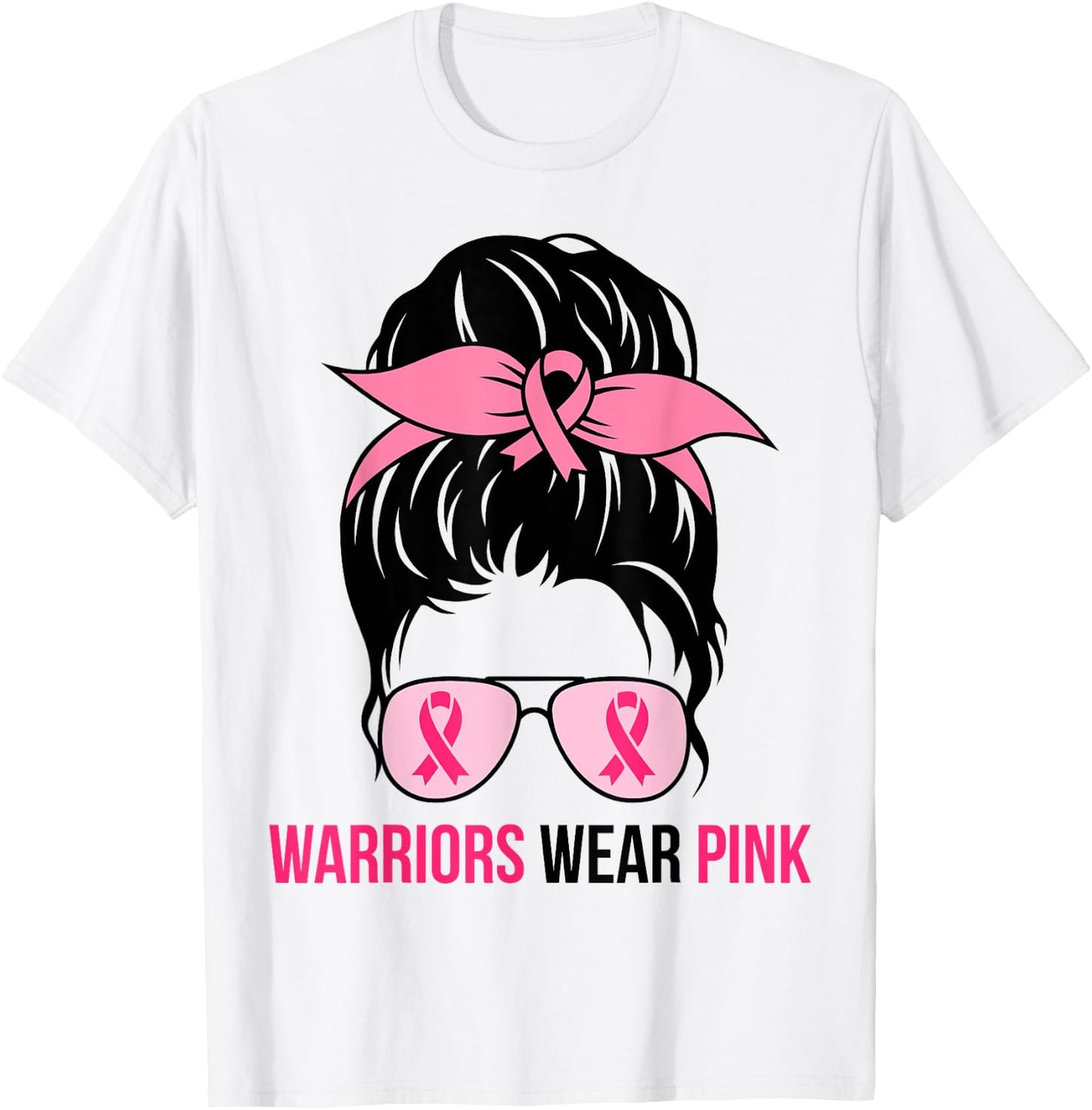 Warriors Wear Pink Messy Bun Mom Breast Cancer Awareness T-Shirt - T-Shirt | White