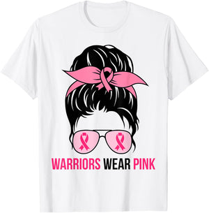 Warriors Wear Pink Messy Bun Mom Breast Cancer Awareness T-Shirt - T-Shirt | White