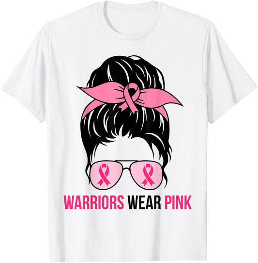 Warriors Wear Pink Messy Bun Mom Breast Cancer Awareness T-Shirt - T-Shirt | White