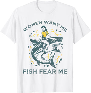 Fish Want Me Women Fear Me Funny Woman Riding A Shark T-Shirt - T-Shirt | White