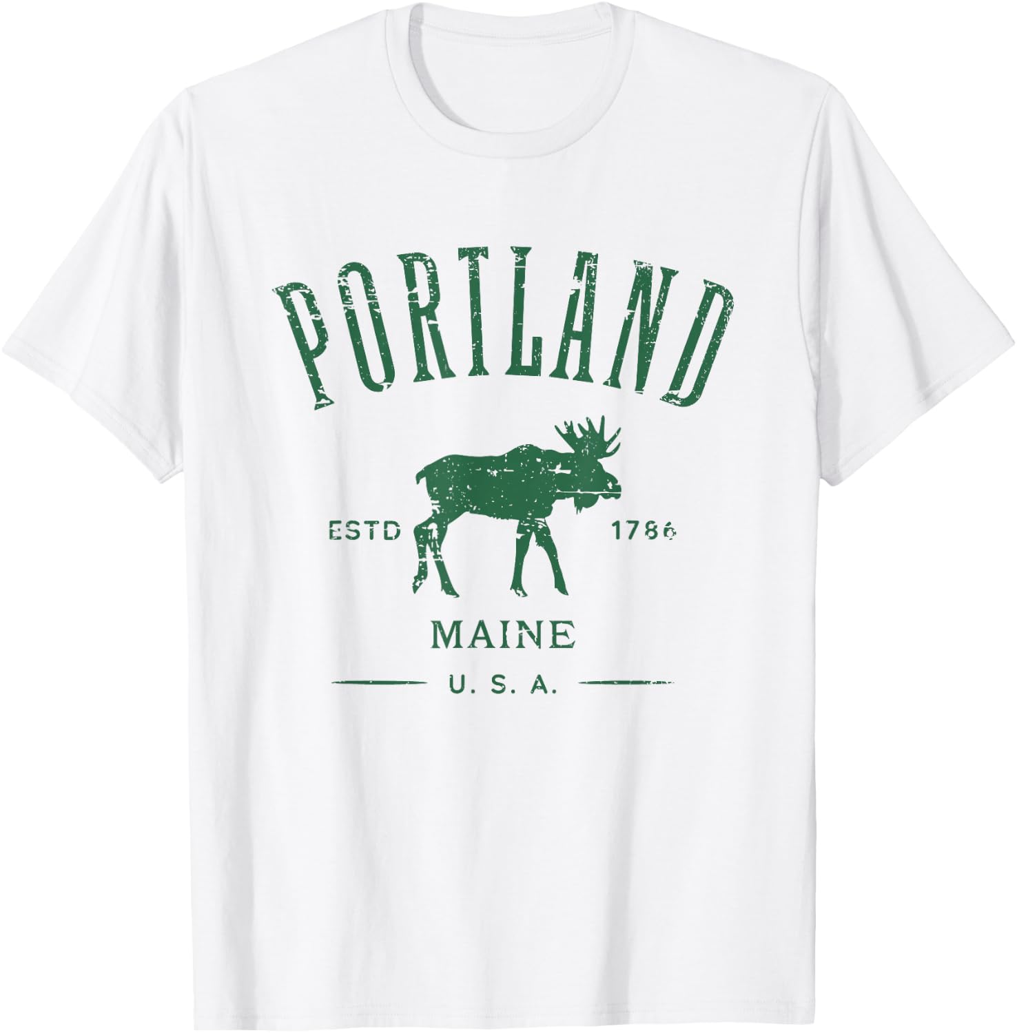 Portland Maine USA with Moose Distressed Design Souvenir T-Shirt - T-Shirt | White