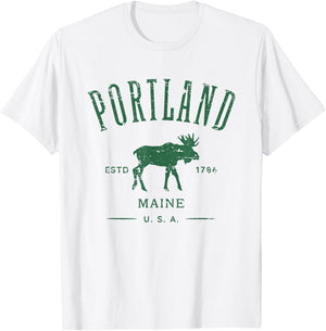 Portland Maine USA with Moose Distressed Design Souvenir T-Shirt - T-Shirt | White