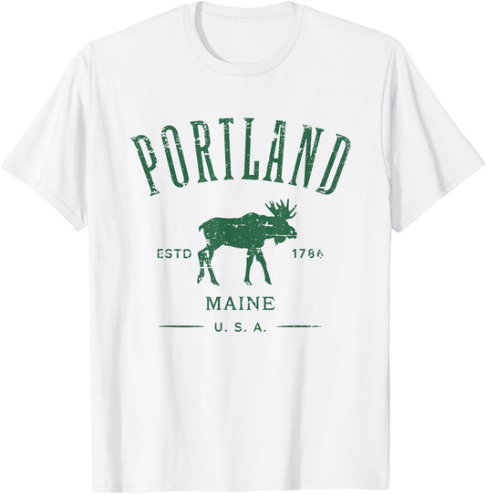 Portland Maine USA with Moose Distressed Design Souvenir T-Shirt - T-Shirt | White