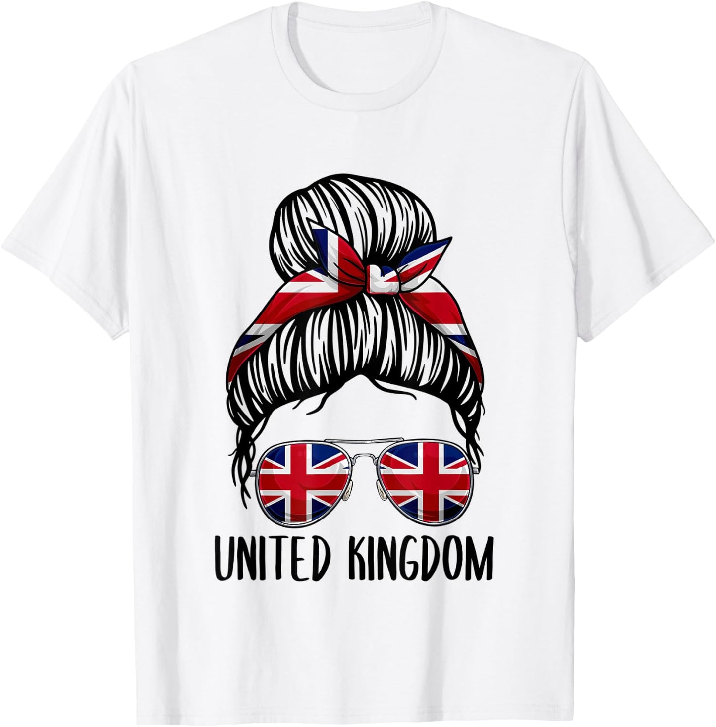 United Kingdom Shirt For Girls Women, Messy Bun British Flag T-Shirt - T-Shirt | White