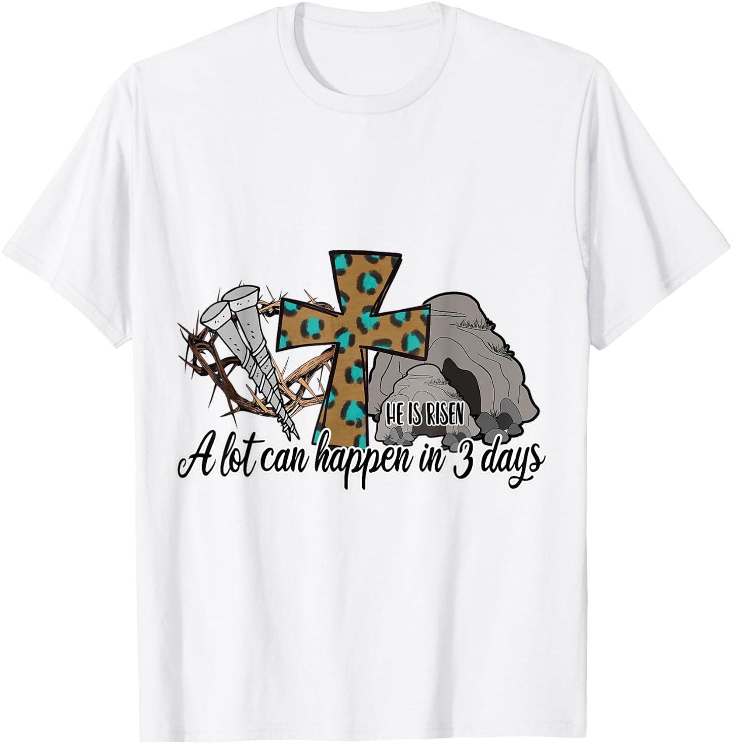 He Is Risen Jesus Christian Stone Cave Leopard Happy Easter T-Shirt - T-Shirt | White