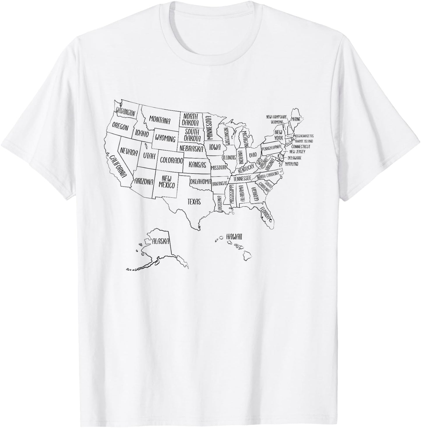 Black Outline Map of the 50 United States, USA Political map T-Shirt - T-Shirt | White