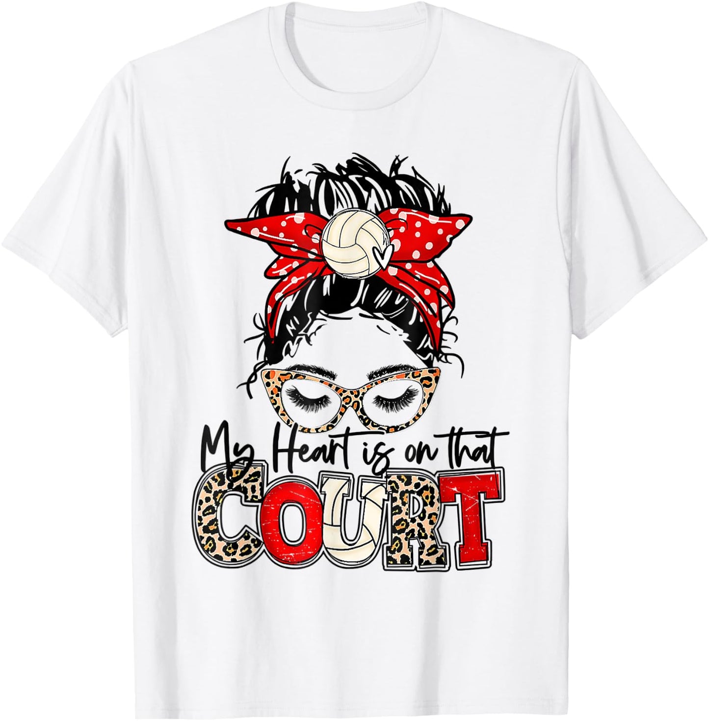 Leopard Messy Bun My Heart Is On That Court Volleyball Vibes T-Shirt - T-Shirt | White