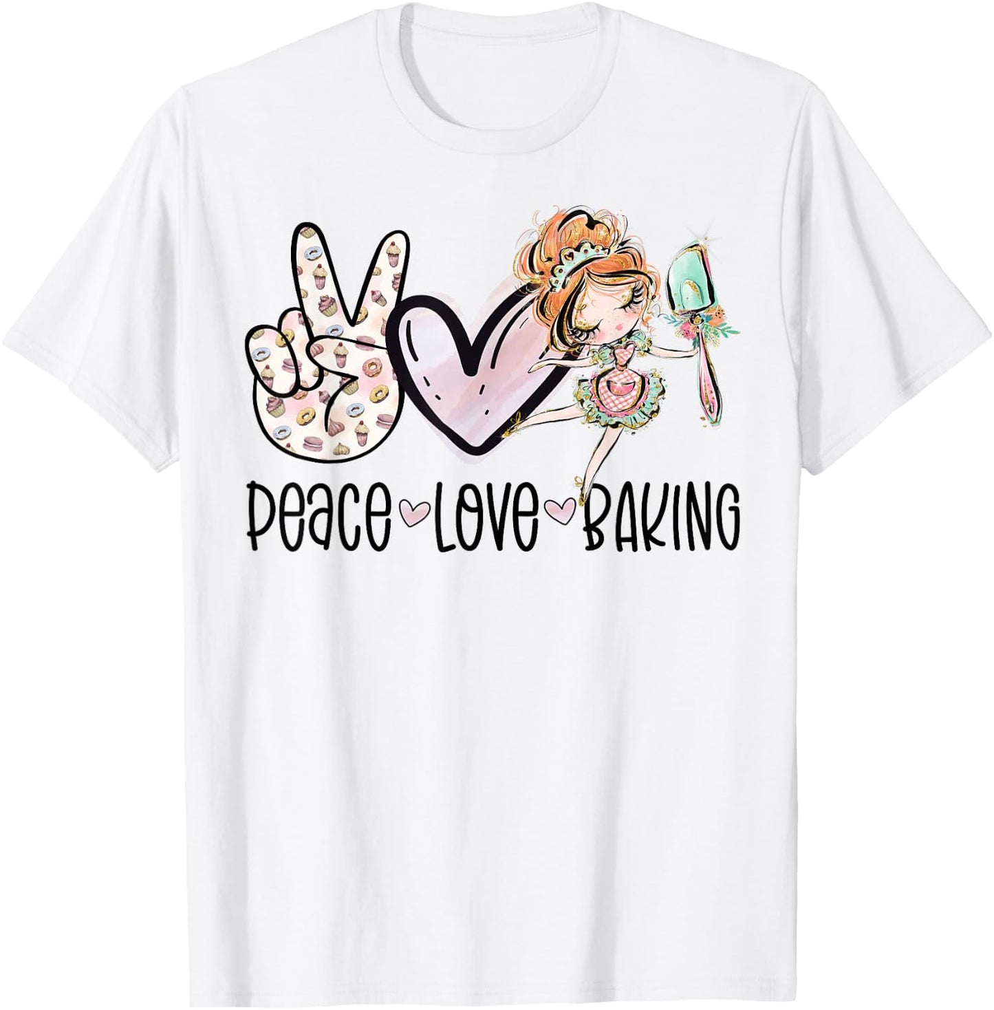 Peace Love Baking Cute Baker Girl Bakery Bake Funny Baking T-Shirt - T-Shirt | White
