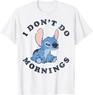 Disney Lilo & Stitch I Don't Do Mornings Distressed V2 T-Shirt - T-Shirt | White