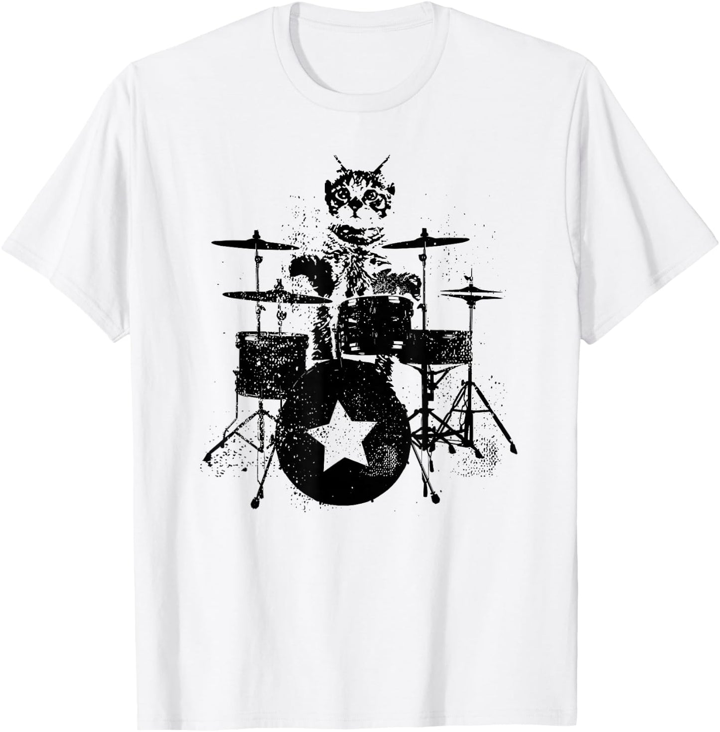 Punk Rockstar Kitten Kitty Cat Drummer Playing Drums Graphic Women Girls Kids T-Shirt - T-Shirt | White