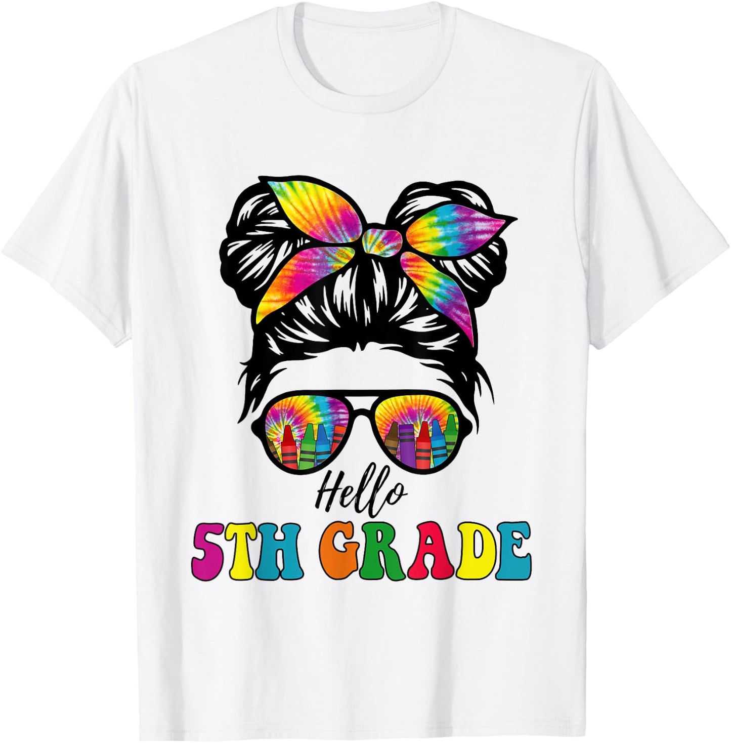 Hello 5th Grade Tie Dye Messy Bun Girl Back to School Kid T-Shirt - T-Shirt | White