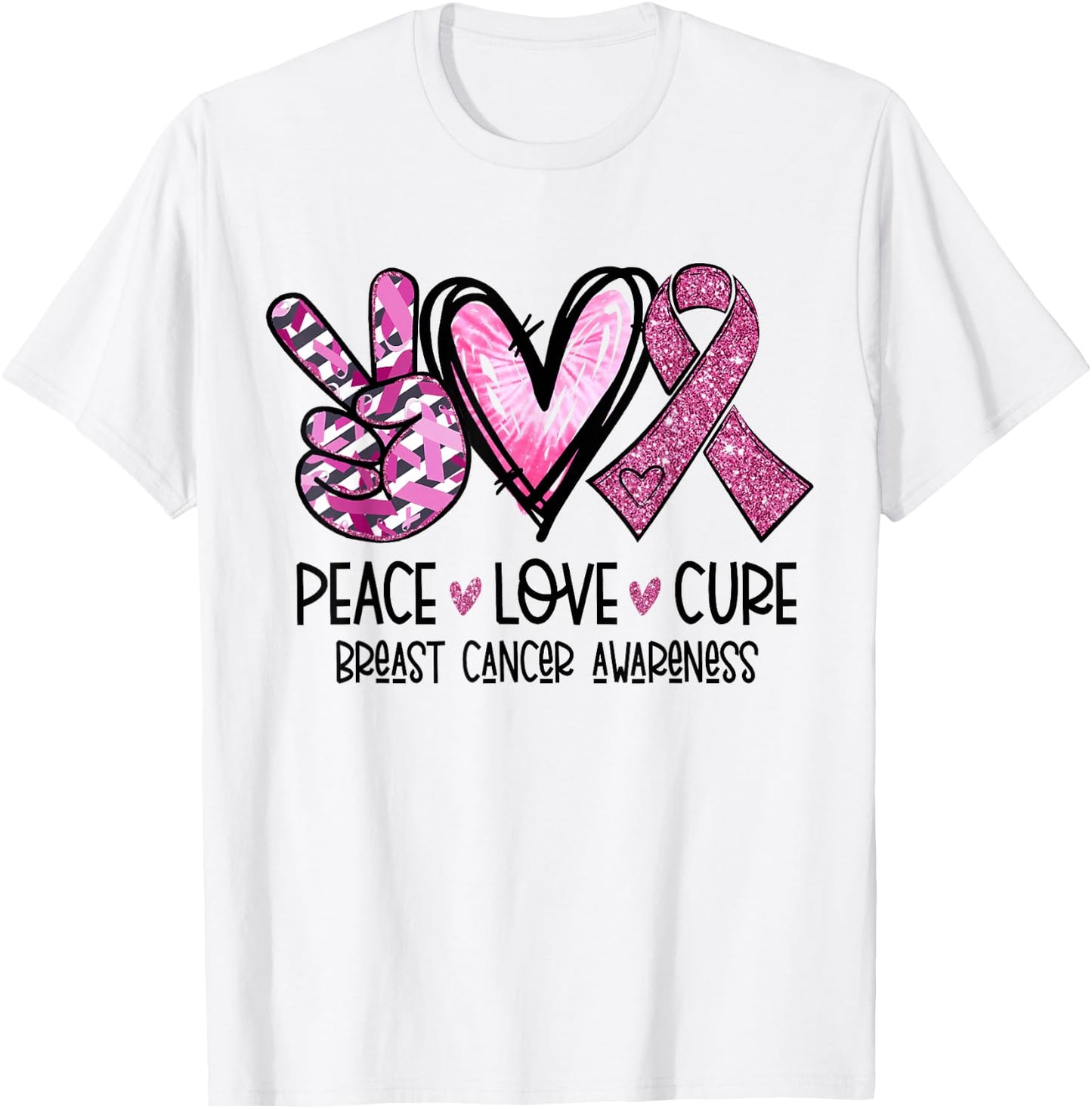 Peace Love Cure Pink Ribbon Cancer Breast Awareness T-Shirt - T-Shirt | White