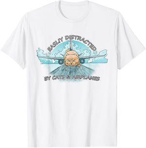 Easily Distracted By Cats And Airplanes T-Shirt - T-Shirt | White