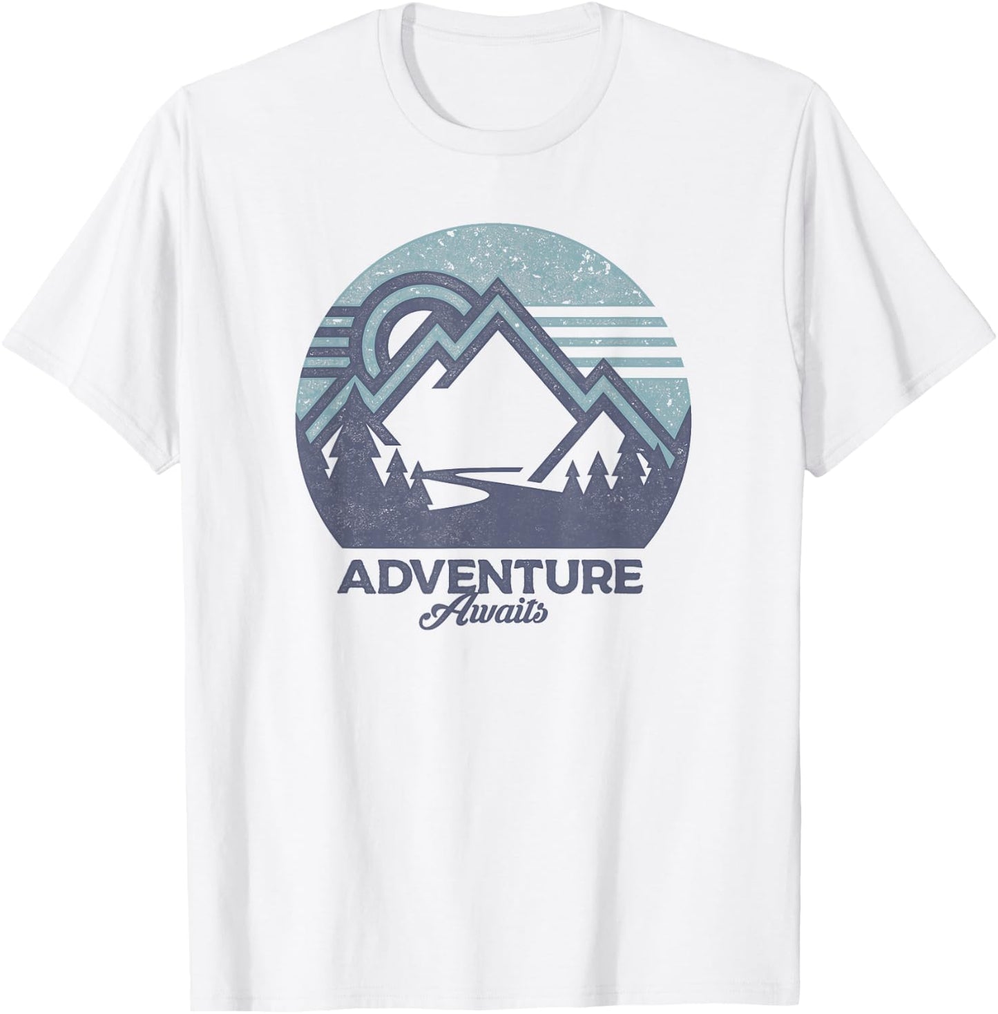 Trendy Adventure Awaits Graphic Blue Mountain Circle T-Shirt - T-Shirt | White