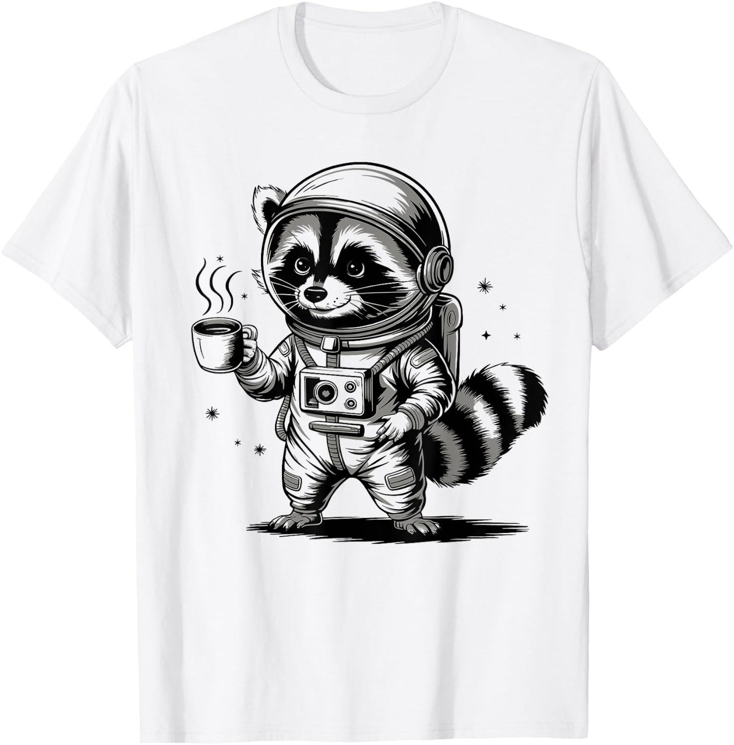 Funny Vintage Raccoon Lovers Coffee Astronaut Raccoon T-Shirt - T-Shirt | White