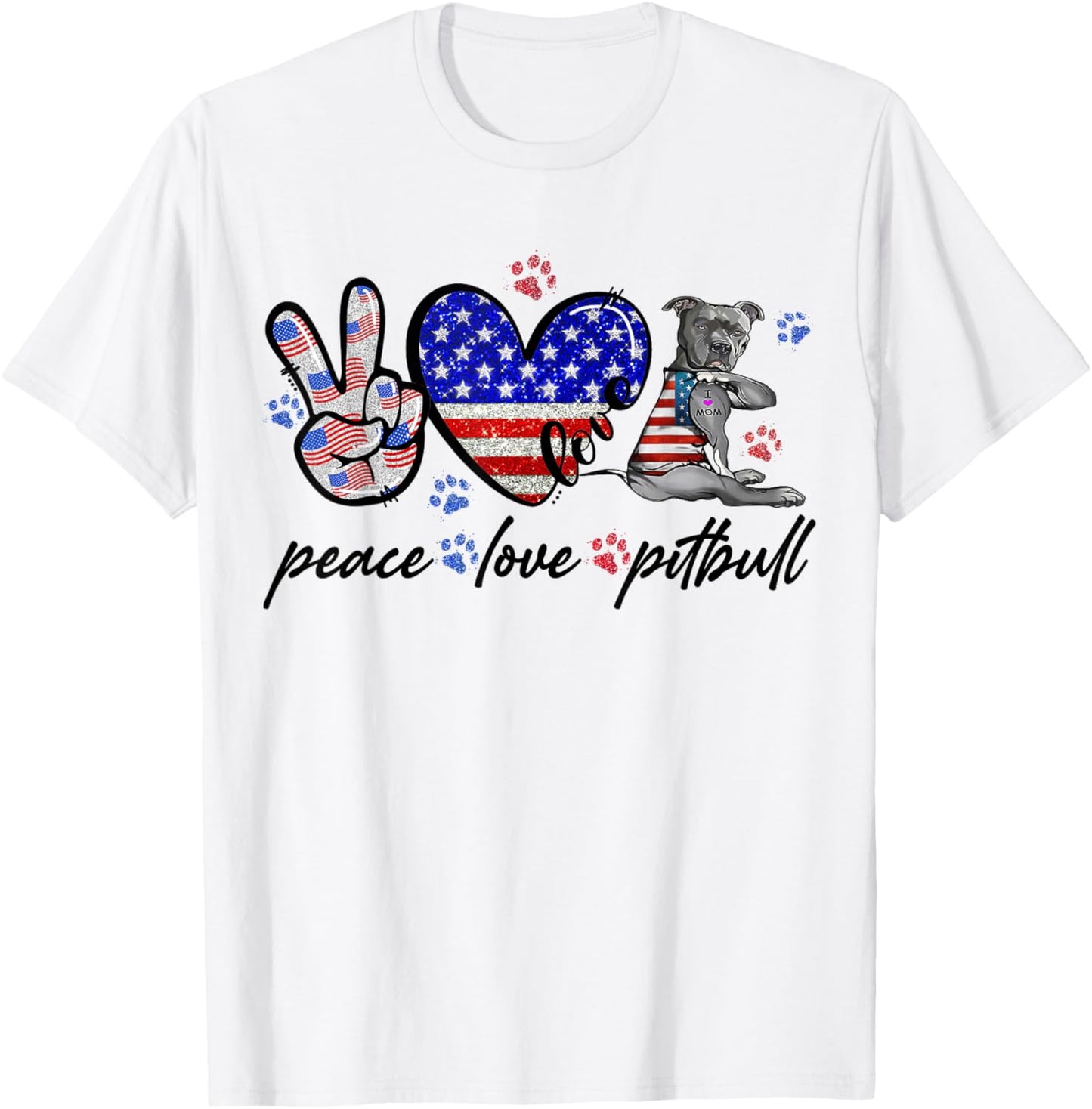 Peace Love Pitbull 4th of July American Flag USA T-Shirt - T-Shirt | White