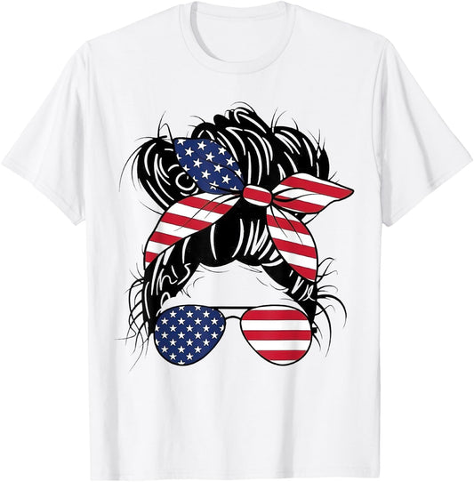 Messy Bun USA Flag Glasses American Flag American Girl T-Shirt - T-Shirt | White