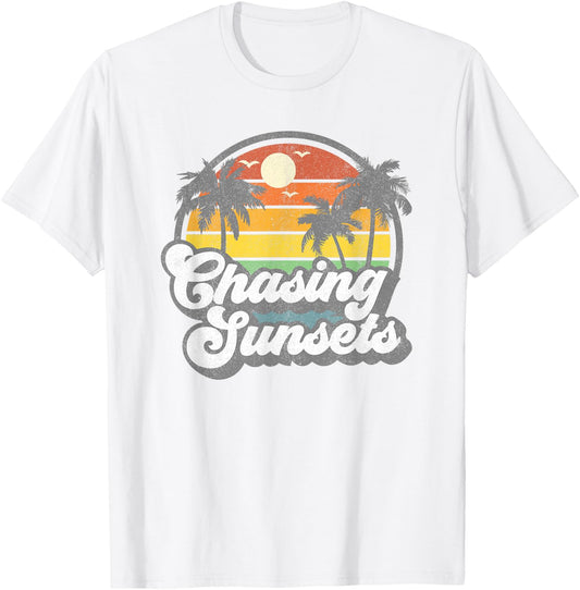 Vintage Chasing Sunsets Beach Summer Retro Sunset 70's Gift T-Shirt - T-Shirt | White