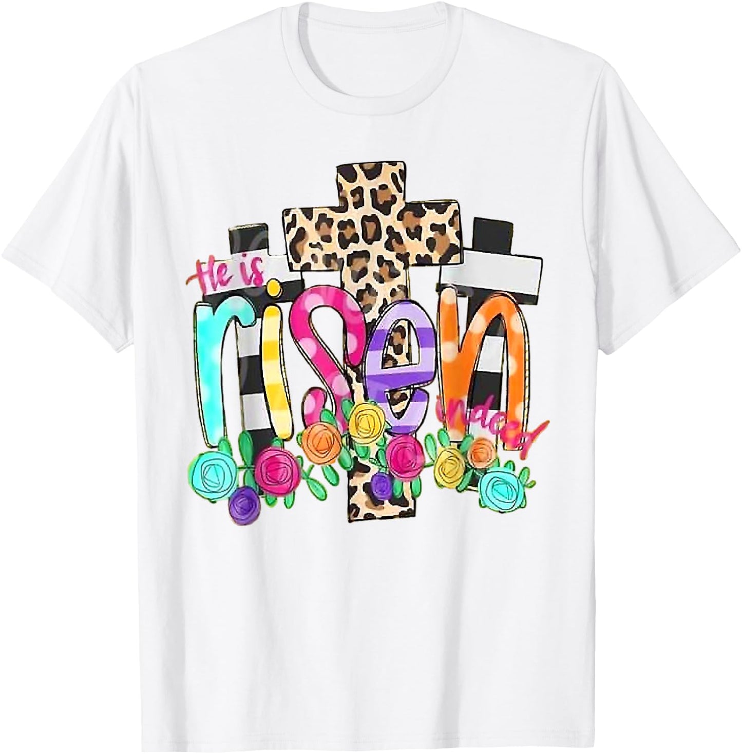 He Is Risen Leopard Cross Christian Jesus Happy Easter Day T-Shirt - T-Shirt | White