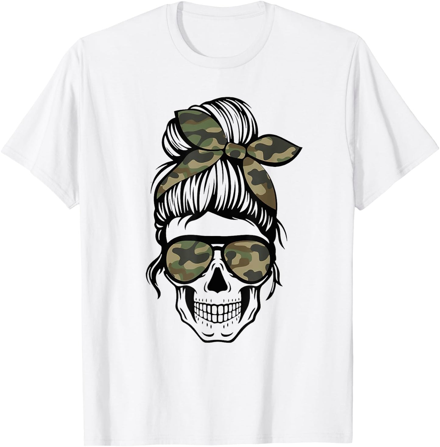 Camo Mom Skull Messy Bun Skull Mom Life Camo Patriotic Men T-Shirt - T-Shirt | White