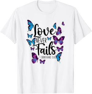 Christian Bible Verse Quote Butterfly 1 Corinthians 13:8 T-Shirt - T-Shirt | White