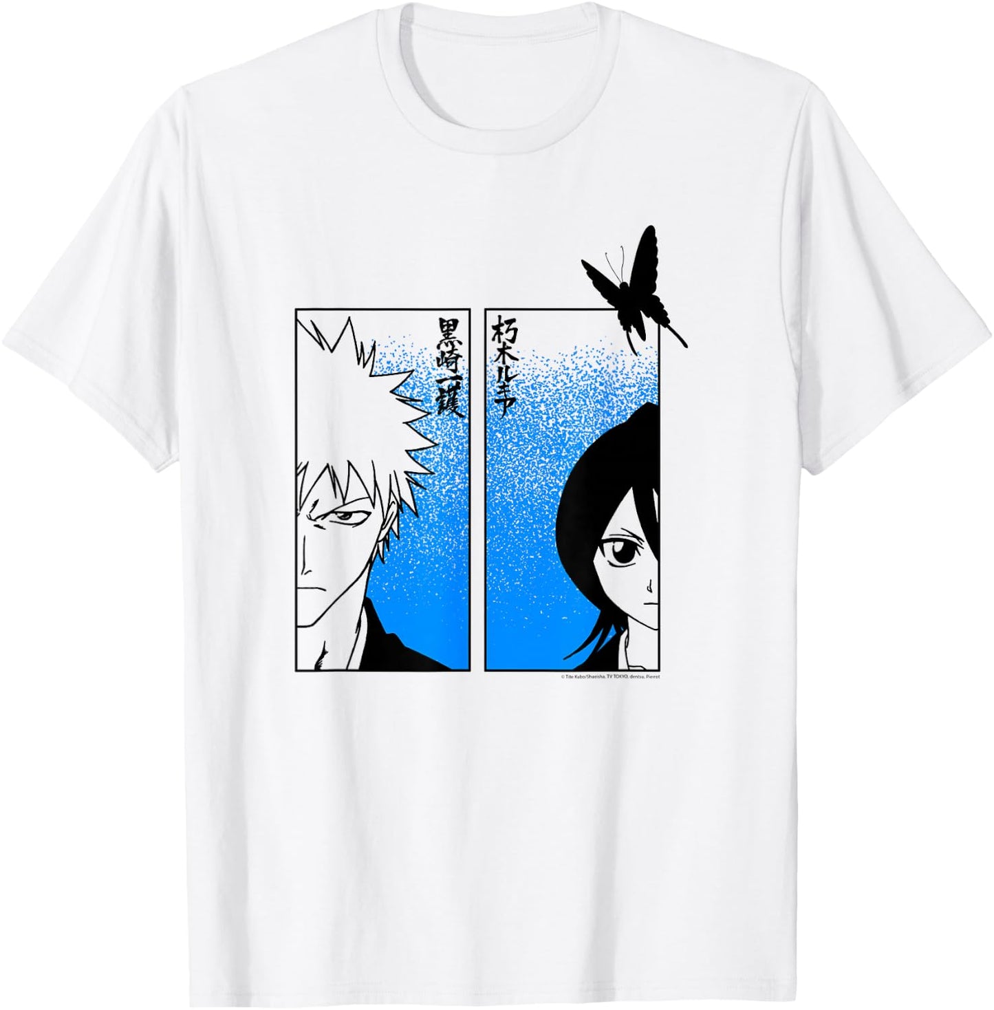 Bleach Ichigo & Rukia Half Faces with Jigokucho Anime T-Shirt - T-Shirt | White