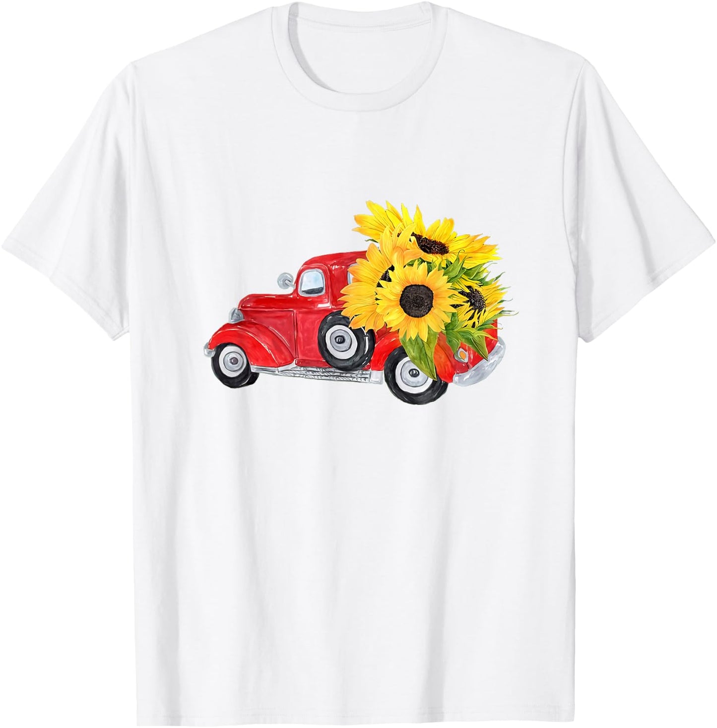 Hello Fall Red Truck With Sunflowers Autumn Season Greeting T-Shirt - T-Shirt | White