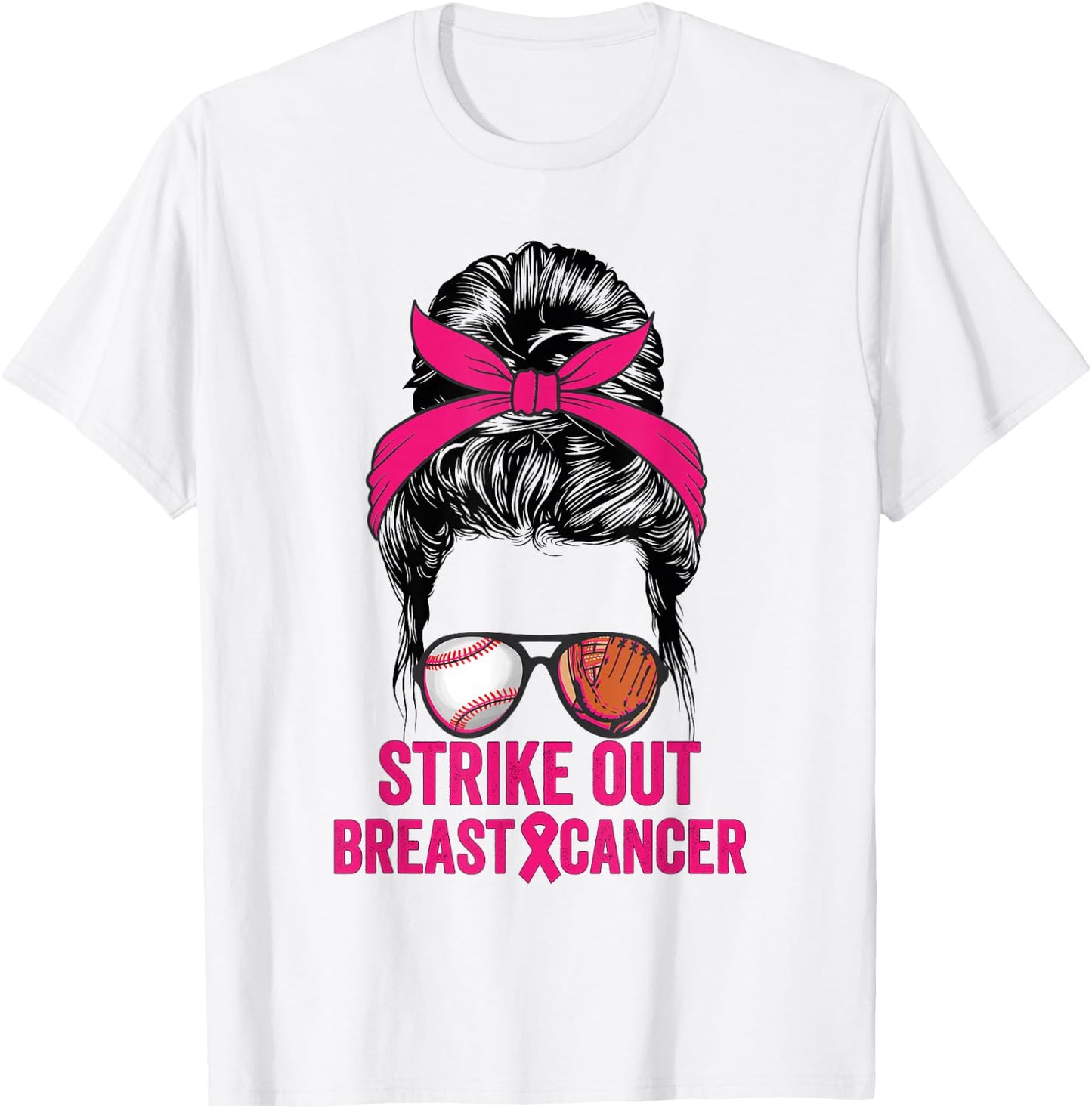 Strike Out Breast Cancer Awareness Messy Bun Baseball T-Shirt - T-Shirt | White