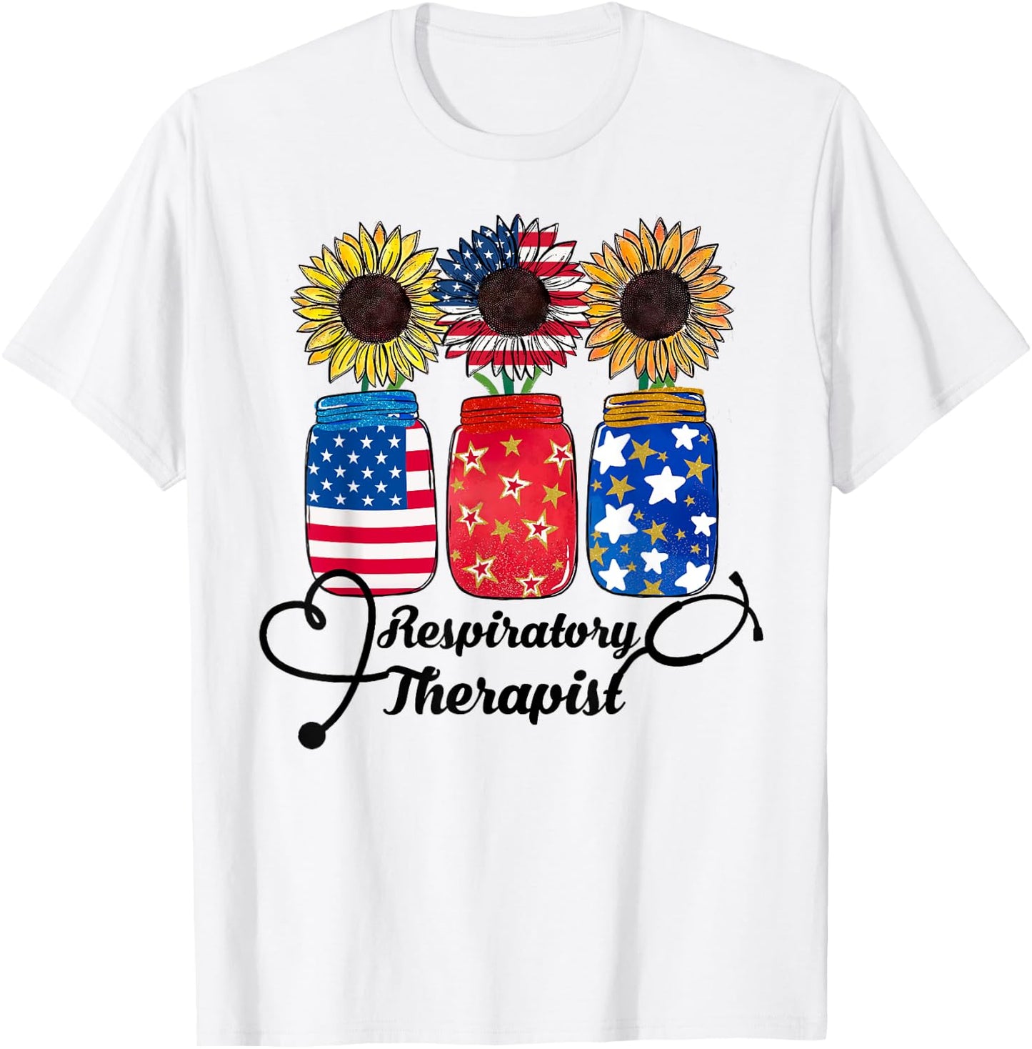 Patriotic USA Respiratory Therapist 4th Of July Sunflower T-Shirt - T-Shirt | White
