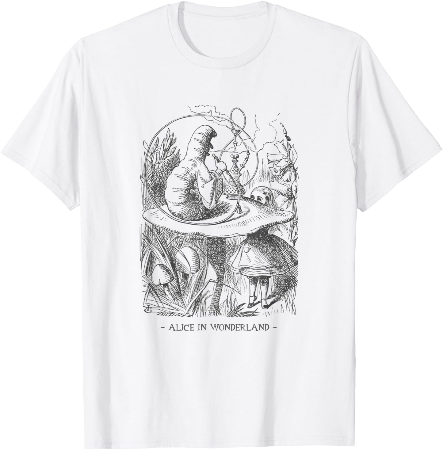 Alice In Wonderland - with Caterpillar Absolem on Mushroom T-Shirt - T-Shirt | White