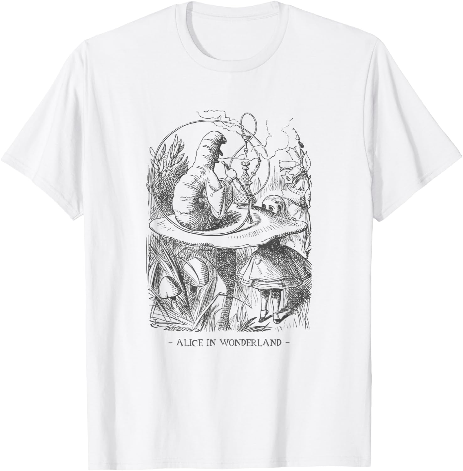 Alice In Wonderland - with Caterpillar Absolem on Mushroom T-Shirt - T-Shirt | White