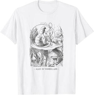 Alice In Wonderland - with Caterpillar Absolem on Mushroom T-Shirt - T-Shirt | White