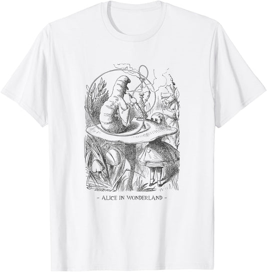 Alice In Wonderland - with Caterpillar Absolem on Mushroom T-Shirt - T-Shirt | White
