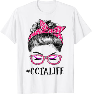COTA Assistant In October We Wear Pink Messy Bun Cancer T-Shirt - T-Shirt | White