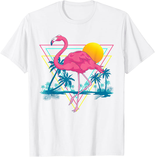 Pink Flamingo Beach Summer Vibes Palm Trees Tropical Summer T-Shirt - T-Shirt | White